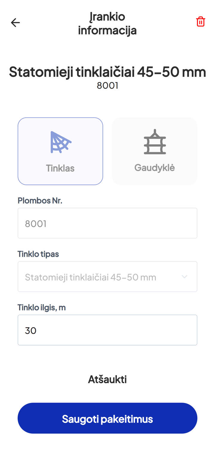 Įrankio langas su šiukšliadėžės ikona