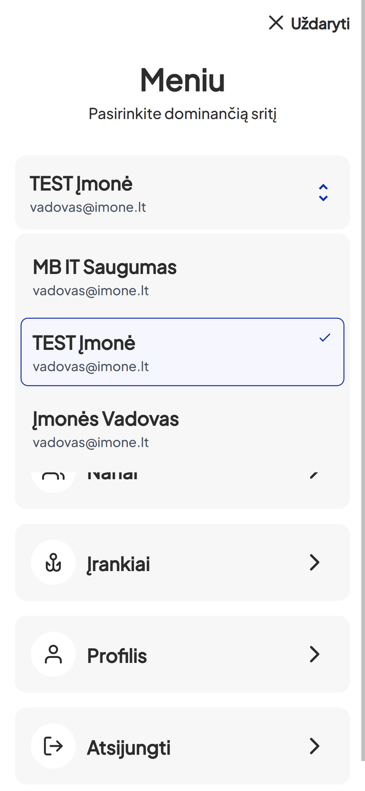 Paskyros keitimas per meniu