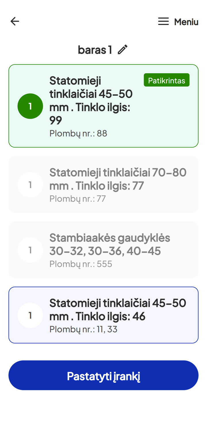 Patikrintas įrankis pažymėtas žaliai